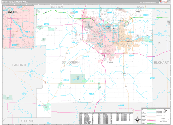 South Bend, IN Metro Area Zip Code Wall Map Premium Style by MarketMAPS 