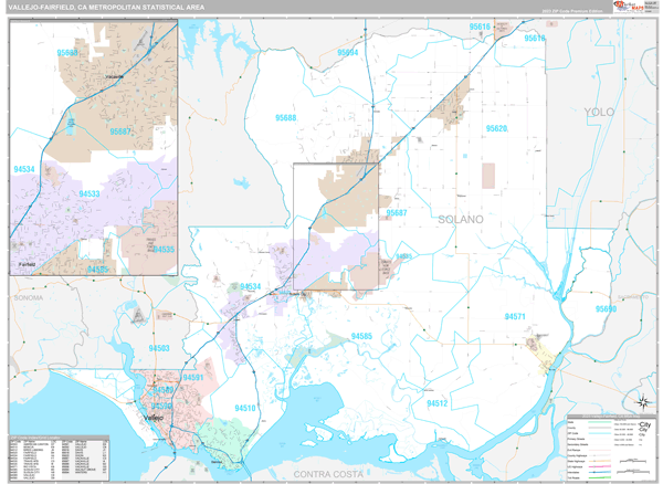 Vallejo-Fairfield Metro Area, CA Zip Code Map - Premium