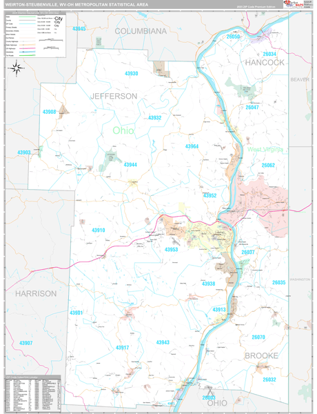 Weirton-Steubenville, OH Metro Area Wall Map Premium Style by ...