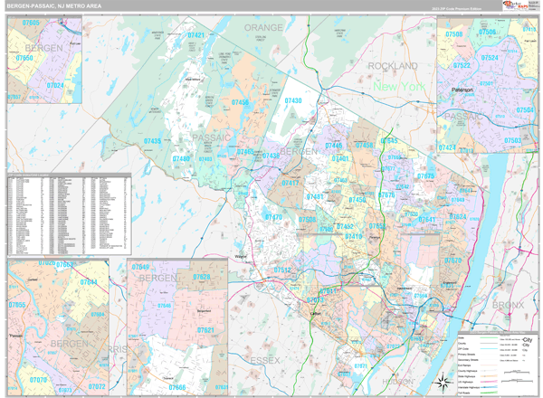 Bergen-Passaic, NJ Metro Area Wall Map Premium Style by MarketMAPS ...