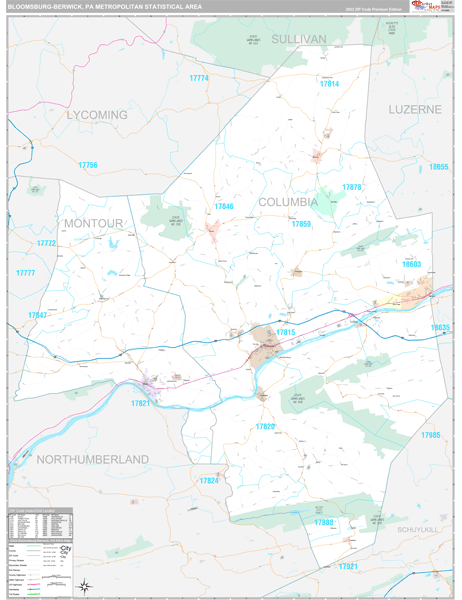 Bloomsburg-Berwick, PA Metro Area Wall Map Premium Style by MarketMAPS ...