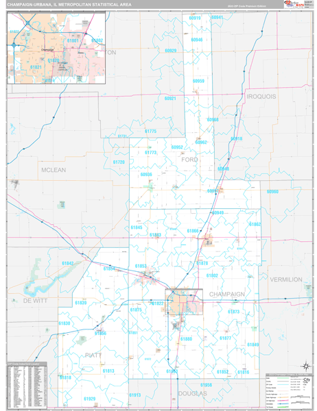 Champaign-Urbana, IL Metro Area Wall Map Premium Style by MarketMAPS ...