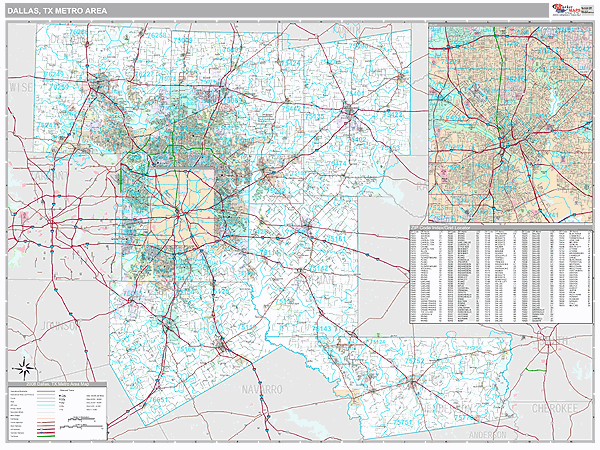 Dallas, TX Metro Area Zip Code Wall Map Premium Style by MarketMAPS ...