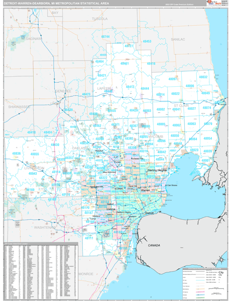 Detroit-Warren-Dearborn, MI Metro Area Wall Map Premium Style by ...