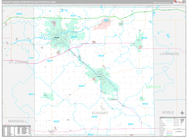 Elkhart-Goshen, IN Metro Area Wall Map Premium Style by MarketMAPS ...