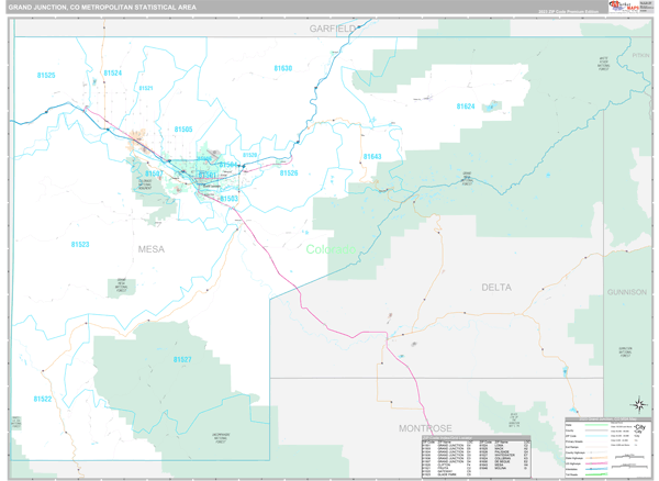 Grand Junction, CO Metro Area Zip Code Wall Map Premium Style by ...