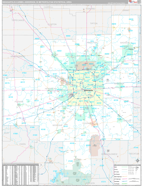 Indianapolis-Carmel-Anderson, IN Metro Area Wall Map Premium Style by ...