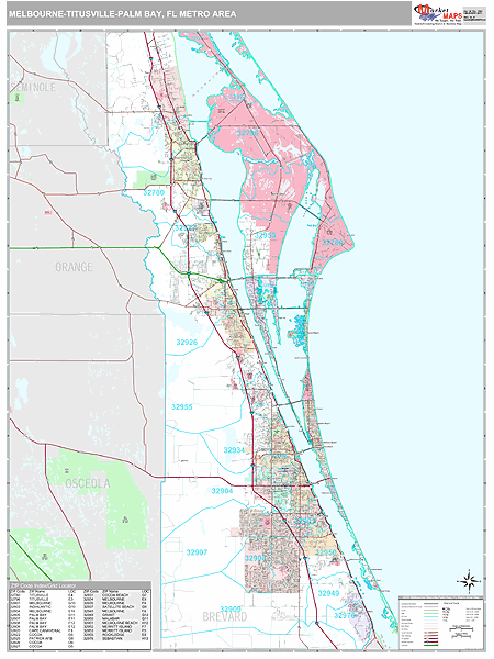 Melbourne-Titusville-Palm Bay, FL Metro Area Zip Code Wall Map Premium ...