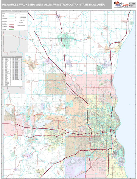 Milwaukee-Waukesha-West Allis, WI Metro Area Wall Map Premium Style by ...