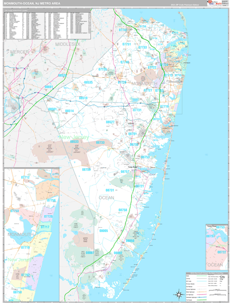 Monmouth-Ocean, NJ Metro Area Wall Map Premium Style by MarketMAPS