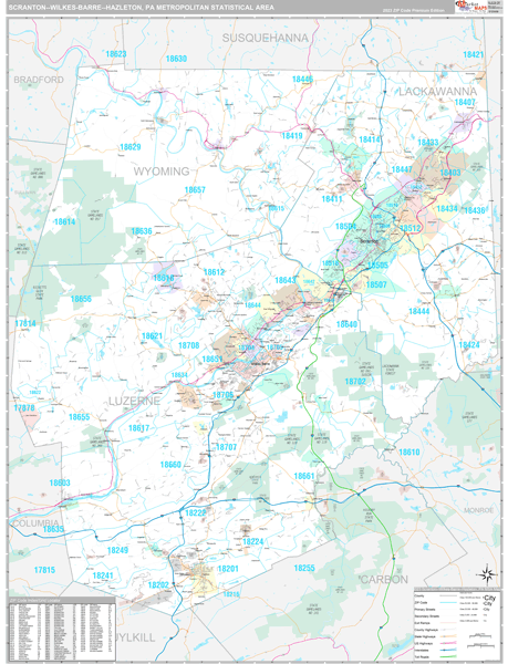 Scranton-Wilkes-Barre-Hazleton, PA Metro Area Wall Map Premium Style by ...