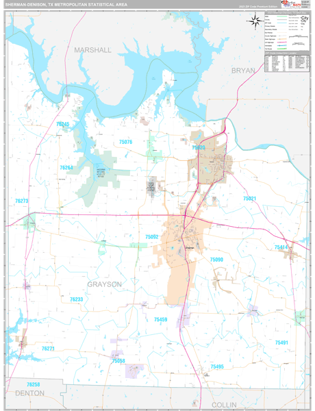 Sherman-Denison, TX Metro Area Zip Code Wall Map Premium Style by ...