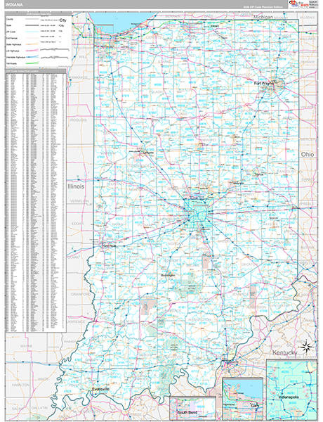 Indiana State Wall Map Premium Style