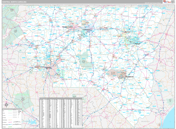 North Carolina Central Sectional Zip Code Map
