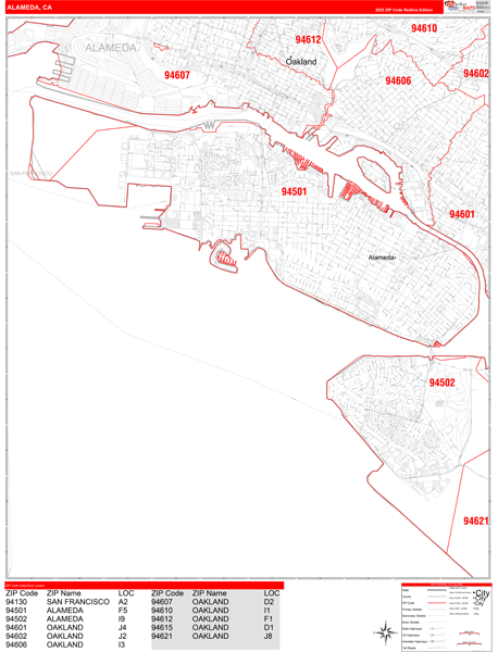 Alameda City Digital Map Red Line Style