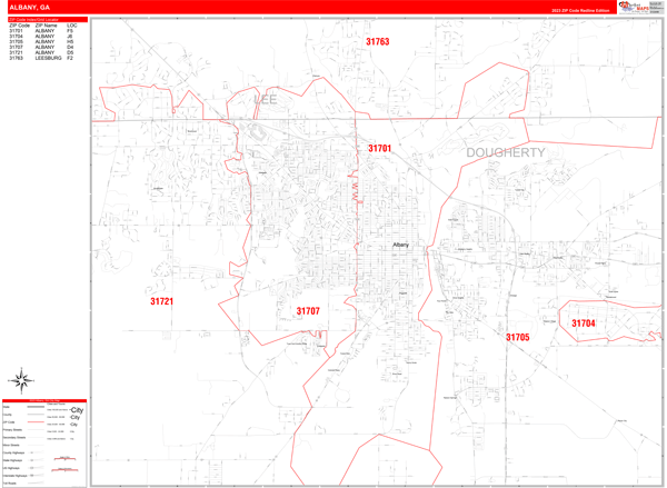 Albany City Wall Map Red Line Style