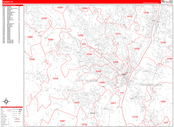 Albany City Wall Map Red Line Style