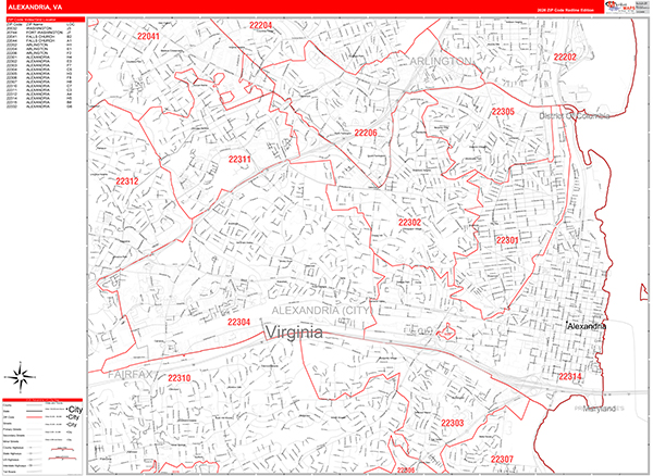 Alexandria Wall Map Red Line Style