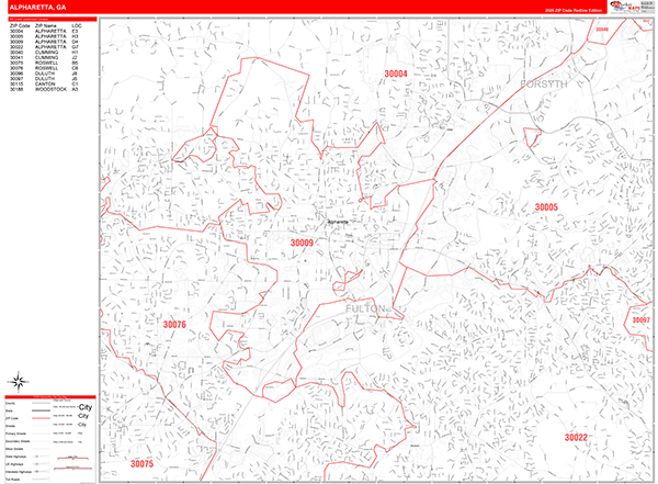 Alpharetta City Wall Map Red Line Style