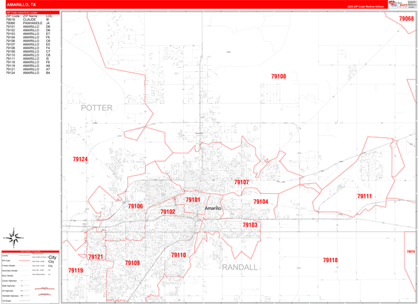 Amarillo City Wall Map Red Line Style