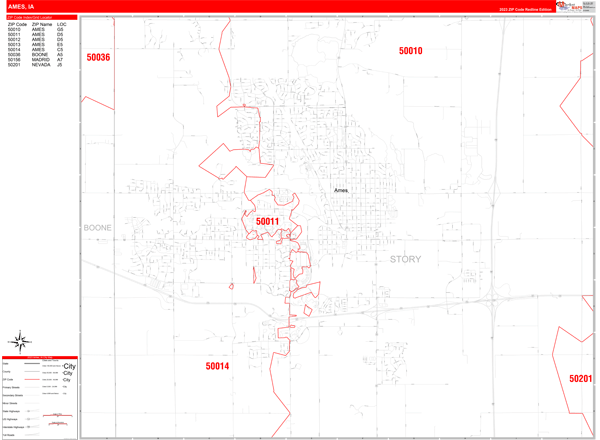 Ames City Wall Map Red Line Style