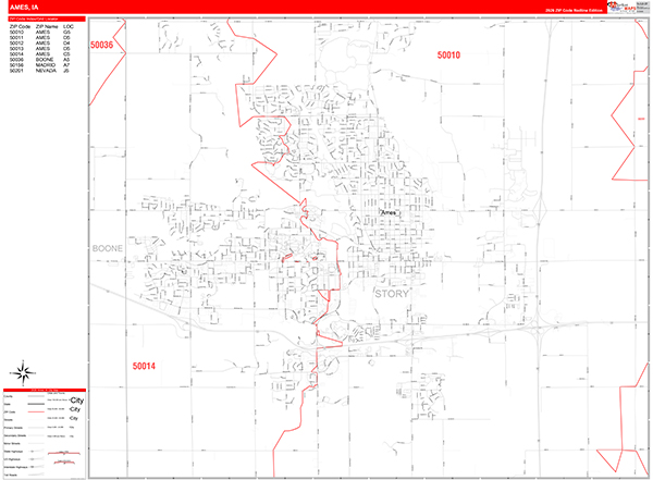 Ames City Wall Map Red Line Style
