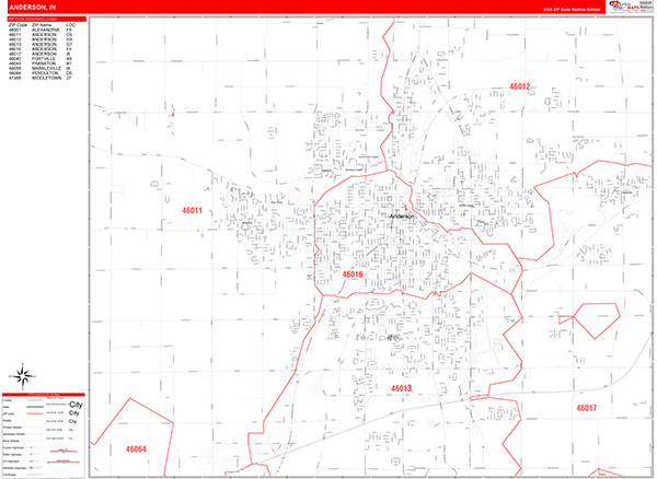 Anderson City Wall Map Red Line Style