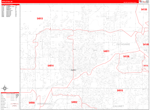 Appleton City Wall Map Red Line Style
