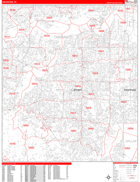 Arlington City Wall Map Red Line Style