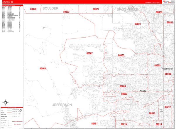Arvada City Digital Map Red Line Style