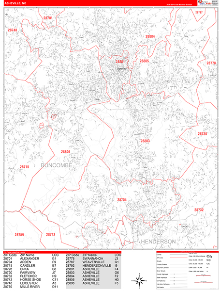 Asheville City Wall Map Red Line Style
