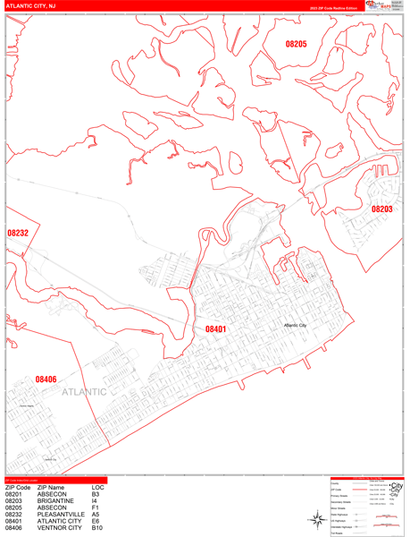 Atlantic City, NJ Zip Code Wall Map - Red Line