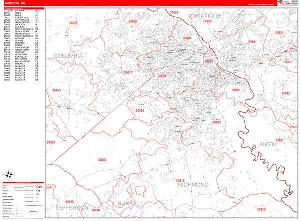 Augusta Wall Map Red Line Style