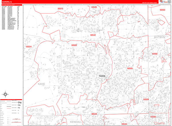 Aurora City Wall Map Red Line Style