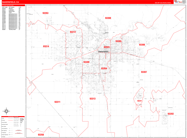Bakersfield City Digital Map Red Line Style