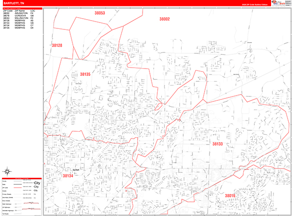 Bartlett City Wall Map Red Line Style