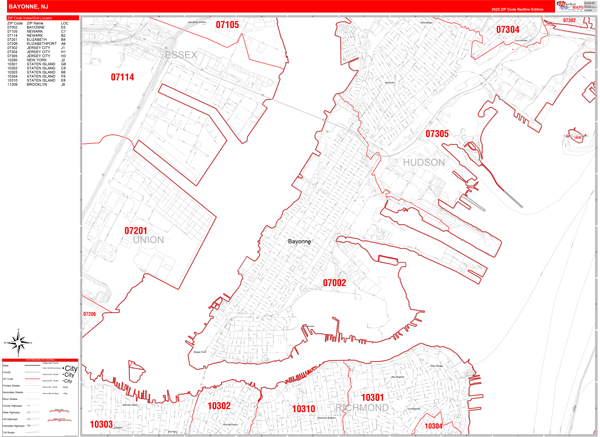 Bayonne City Wall Map Red Line Style