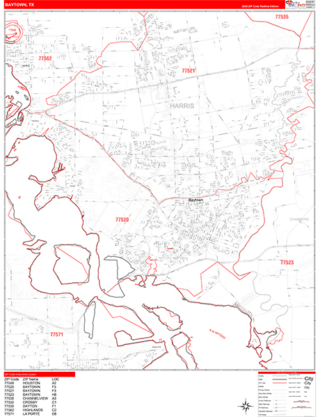 Baytown City Wall Map Red Line Style