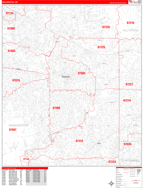 Beaverton City Wall Map Red Line Style