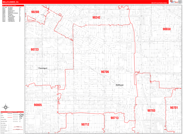 Bellflower City Wall Map Red Line Style