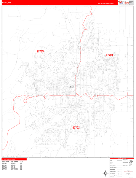 Bend City Wall Map Red Line Style