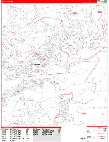 Bethlehem City Wall Map Red Line Style