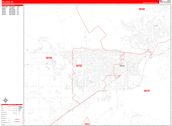 Billings City Digital Map Red Line Style