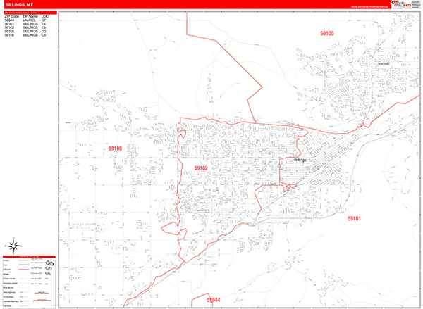 Billings City Wall Map Red Line Style
