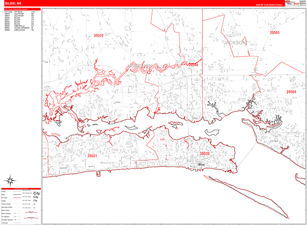 Biloxi City Wall Map Red Line Style