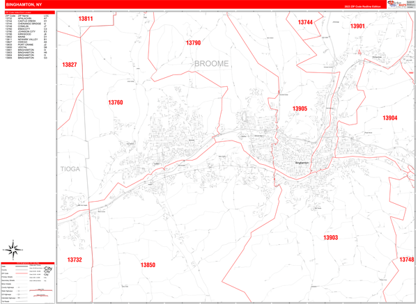 Binghamton City Wall Map Red Line Style