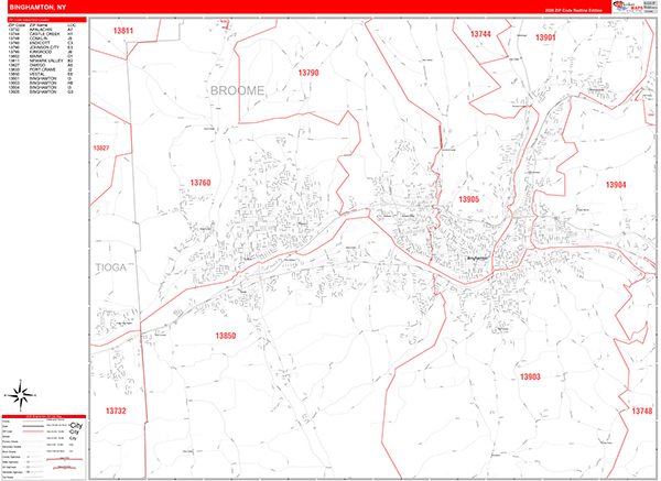 Binghamton City Wall Map Red Line Style