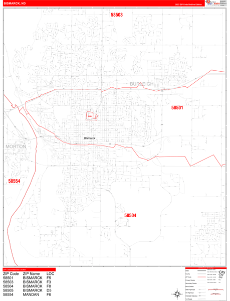 Bismarck City Digital Map Red Line Style