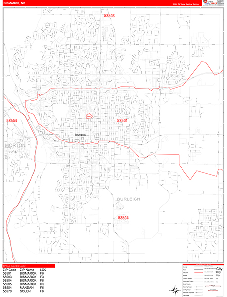 Bismarck Wall Map Red Line Style