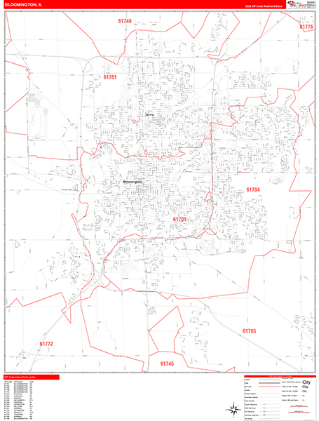 Bloomington City Wall Map Red Line Style